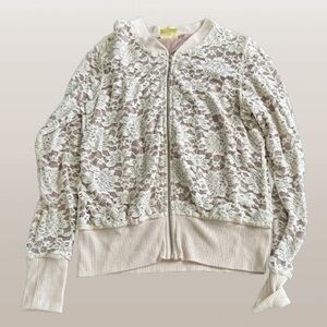 MOD Lace Cream Bomber Jacket with Ribbed Cuffs and Floral Print